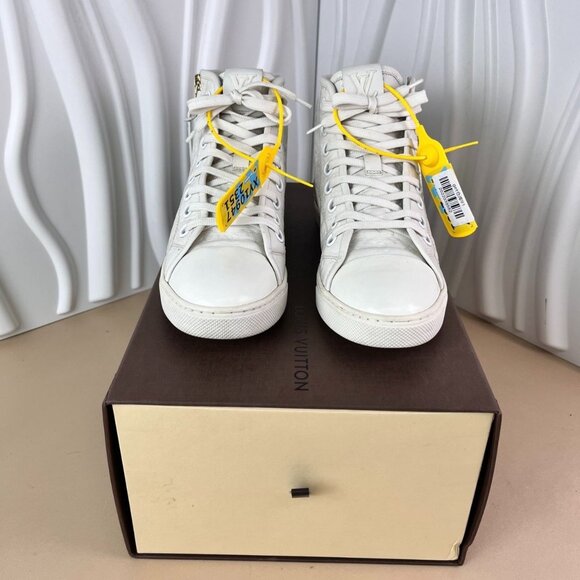 Louis Vuitton White High Top Sneakers Ladies Size 35.5 Leather & Suede With Mono - Picture 5 of 9
